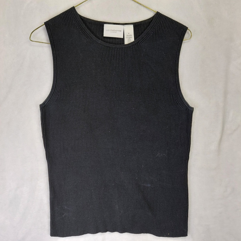 Liz Claiborne Lizsport Black Ribbed Sleeveless Knit Cotton Top Medium